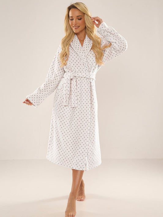 Cozy Dot-Patterned Long Bathrobe with Waist Tie