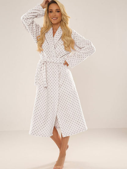 Cozy Dot-Patterned Long Bathrobe with Waist Tie