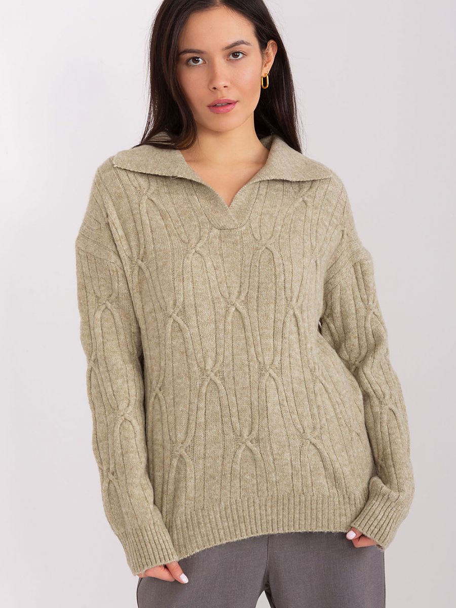 Jumper AT: Women's Acrylic Textured Fabric Collared Jumper with Long Sleeves