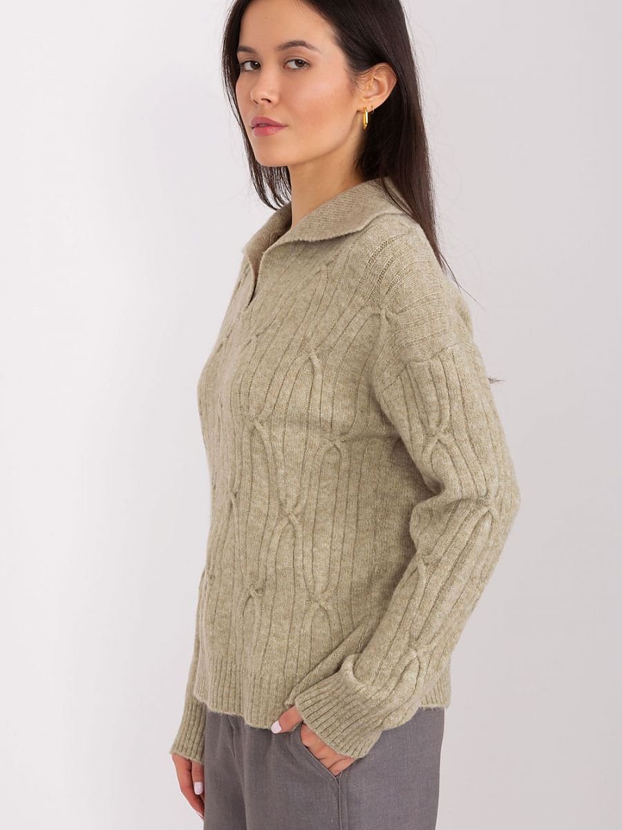 Jumper AT: Women's Acrylic Textured Fabric Collared Jumper with Long Sleeves