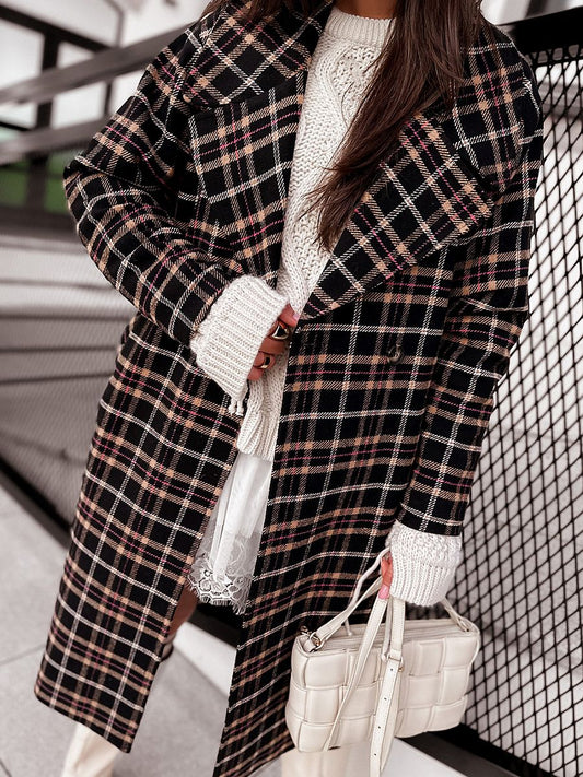 Elegant Black and Pink Checked Coat