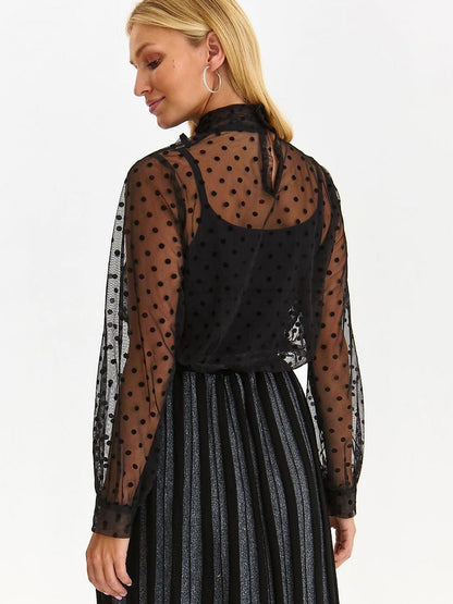 Elegant Polka Dot Tulle Blouse with Stand-Up Collar