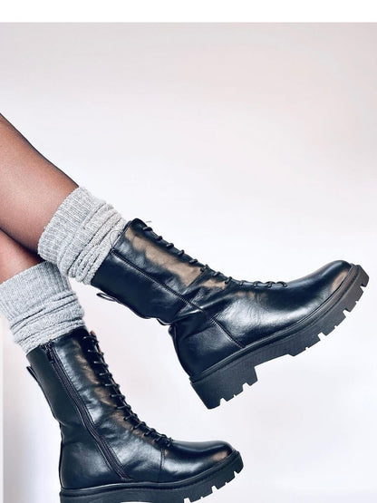 Black Leather Lace-Up Ankle Boots