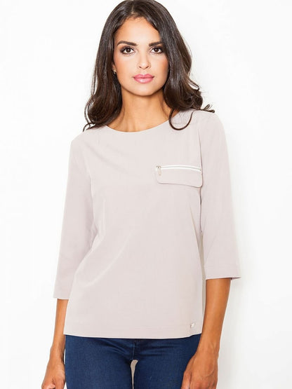 Elegant 3/4 Sleeve Boat Neck Blouse with Zipper Pocket