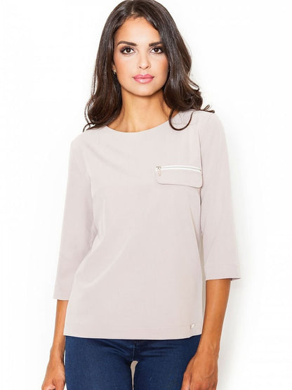 Elegant 3/4 Sleeve Boat Neck Blouse with Zipper Pocket