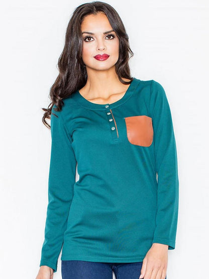 Round Neck Blouse with Eco-Leather Pocket