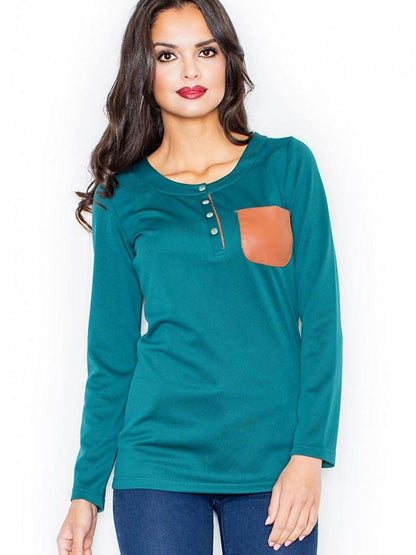 Round Neck Blouse with Eco-Leather Pocket