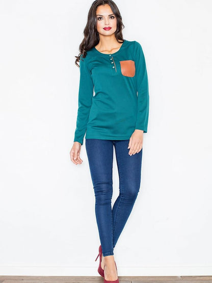 Round Neck Blouse with Eco-Leather Pocket