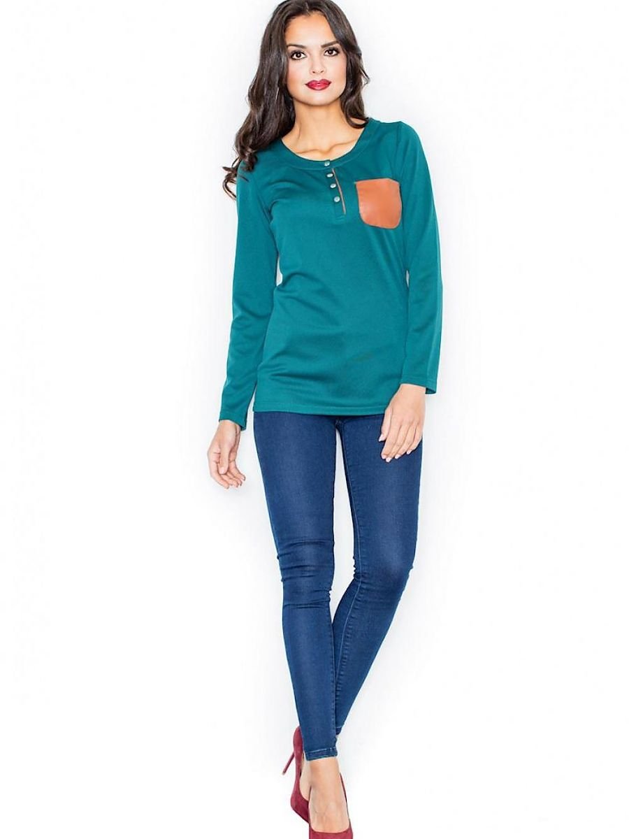 Round Neck Blouse with Eco-Leather Pocket