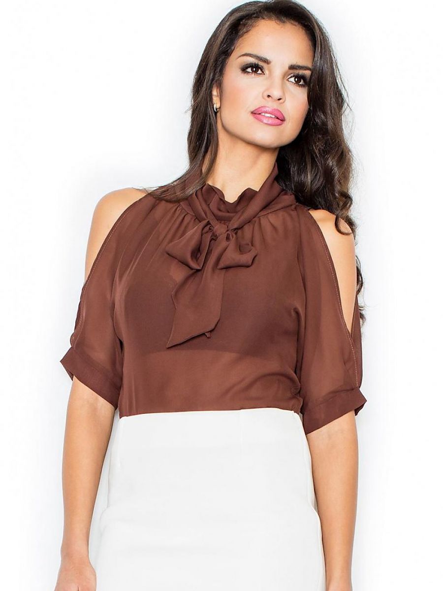 Figl Shoulder Cut-Out Blouse with Decorative Neck Tie