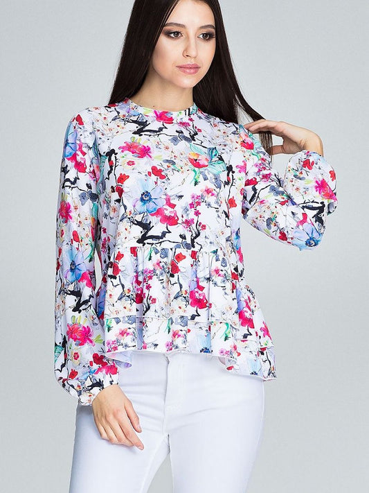 Floral Patterned Loose Blouse with Stand-Up Collar