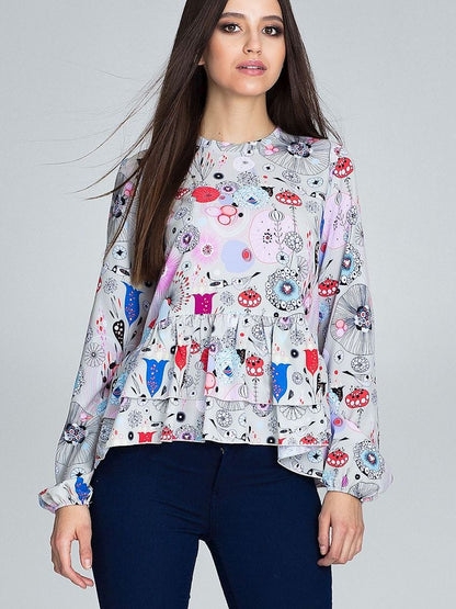 Floral Patterned Loose-Fitting Blouse with Ruffled Sleeves