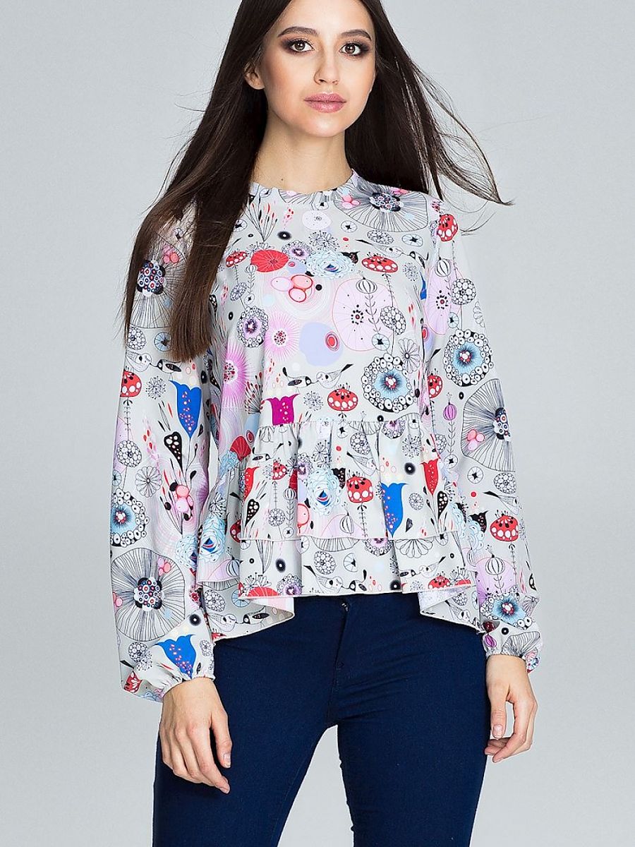 Floral Patterned Loose-Fitting Blouse with Ruffled Sleeves