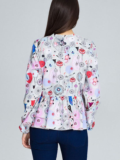 Floral Patterned Loose-Fitting Blouse with Ruffled Sleeves