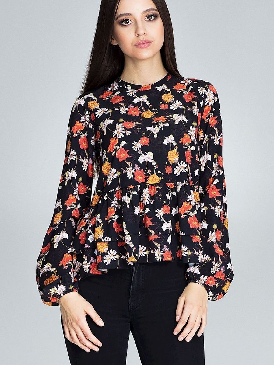 Floral Patterned Loose-Fitting Blouse with Stand-Up Collar