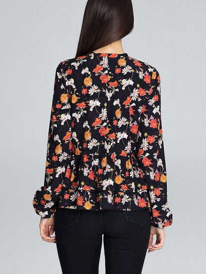 Floral Patterned Loose-Fitting Blouse with Stand-Up Collar