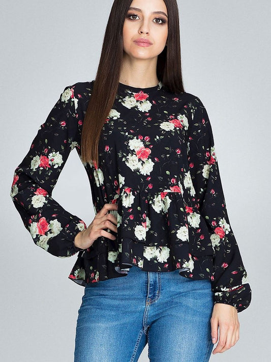 Floral Patterned Loose-Fit Blouse with Ruffled Sleeves and Frills