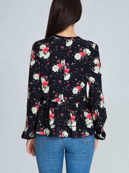 Floral Patterned Loose-Fit Blouse with Ruffled Sleeves and Frills