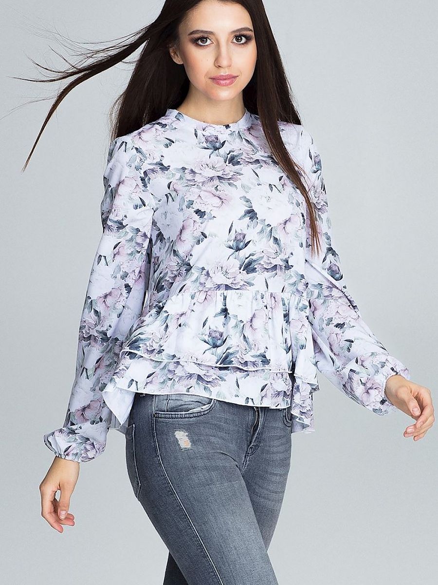 Figl Floral Print Loose-Fitting Blouse With Stand-Up Collar