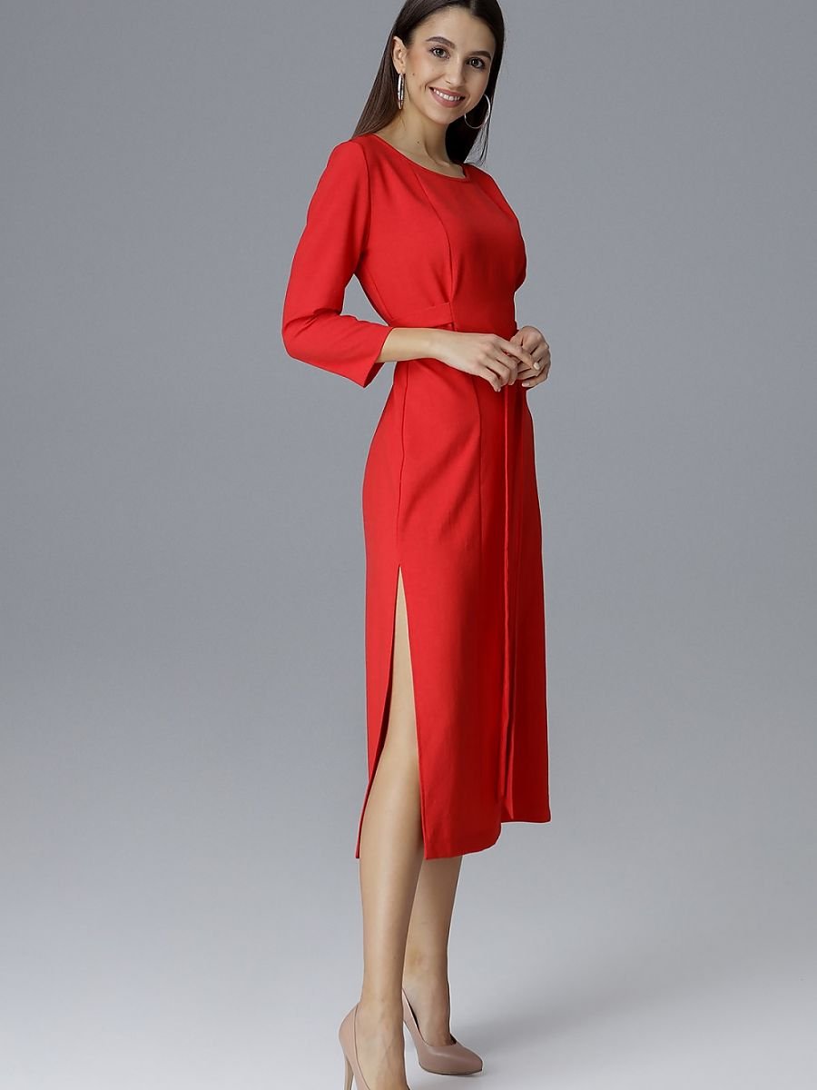 Cocktail dress Figl: Knee-Length Dress with 3/4 Sleeves and Waist Tie