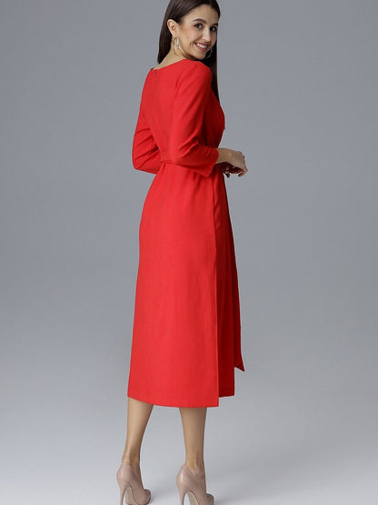 Cocktail dress Figl: Knee-Length Dress with 3/4 Sleeves and Waist Tie