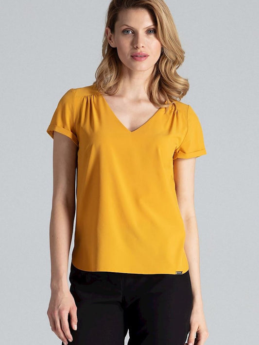 Heart Neckline Short-Sleeved Blouse with Pleats and Slit