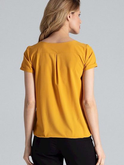 Heart Neckline Short-Sleeved Blouse with Pleats and Slit