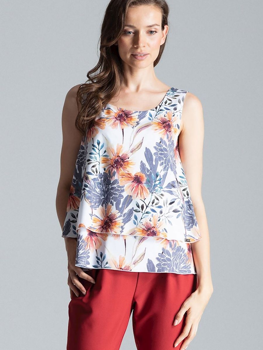 Floral Sleeveless Layered Blouse with Round Neckline