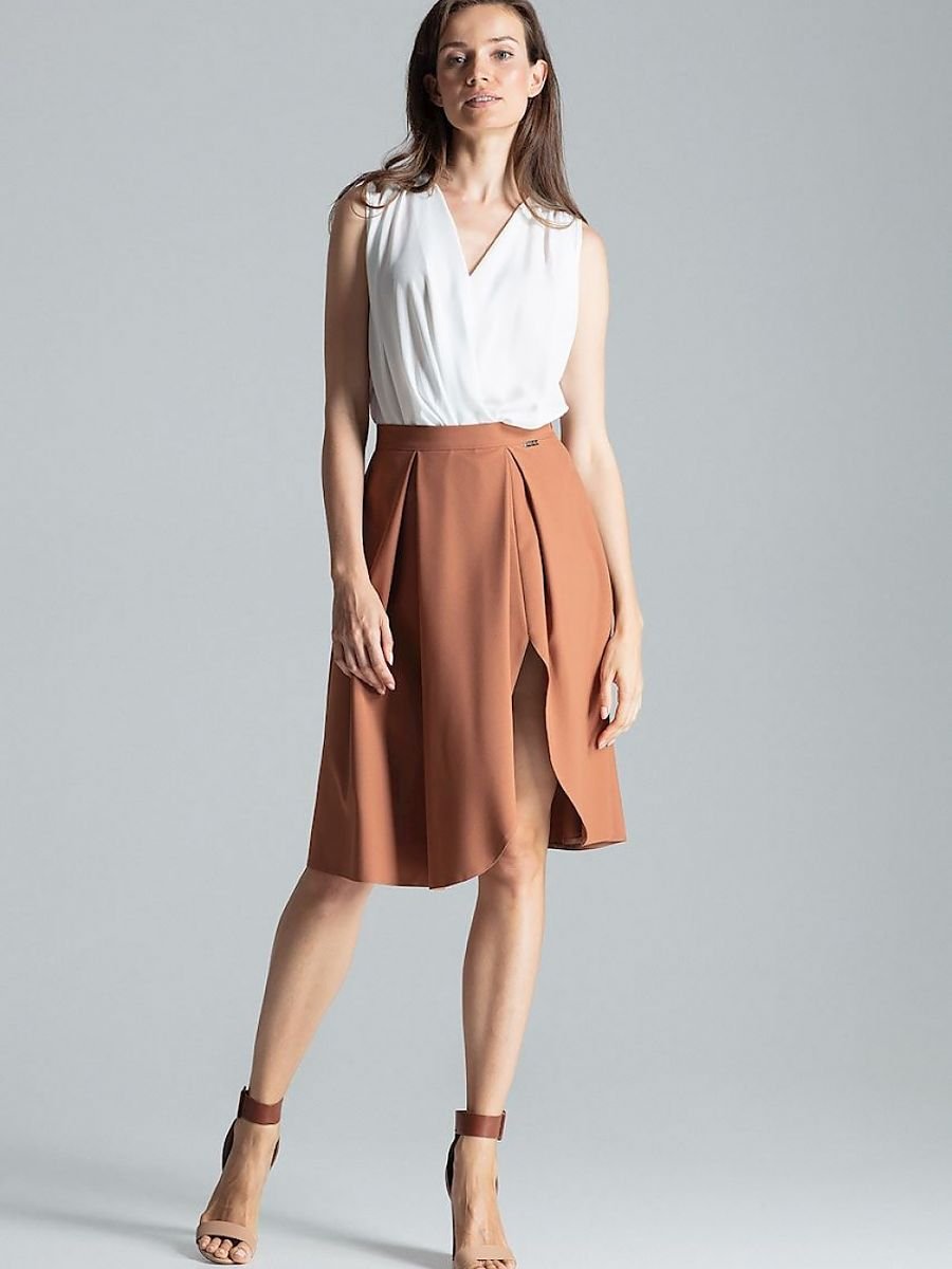 Figl Brown Contrasting Midi Skirt with Asymmetric Slit