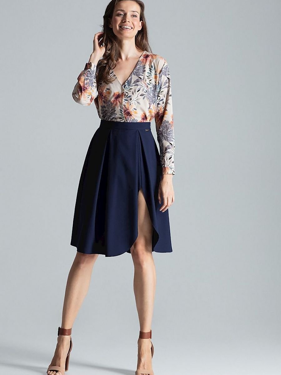 Elegant Navy Blue Midi Skirt with Asymmetric Slit