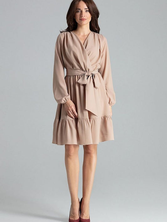 Lenitif Beige Midi Cocktail Dress with Ruffle Hem