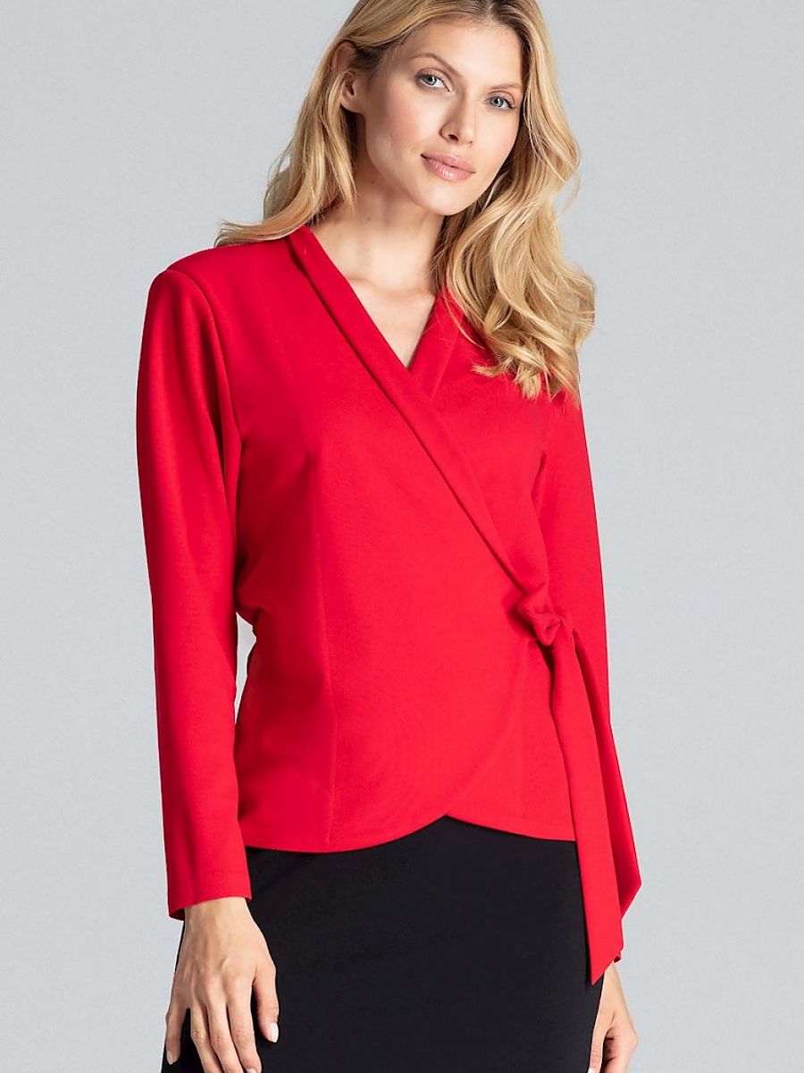 Red Loose-Fitting Long Sleeve Blouse with Waist Tie and Shoulder Cushions