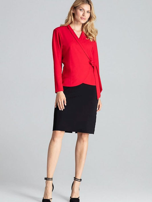 Red Loose-Fitting Long Sleeve Blouse with Waist Tie and Shoulder Cushions