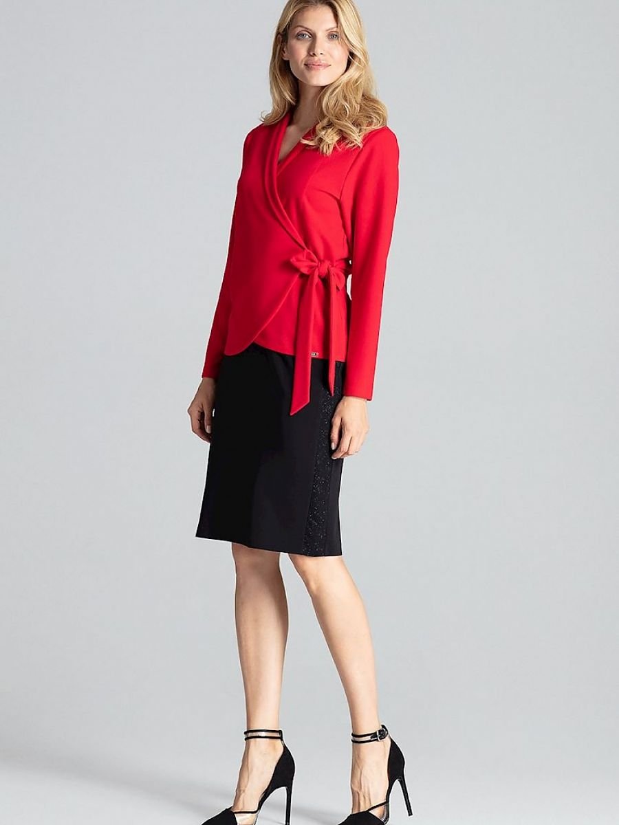 Red Loose-Fitting Long Sleeve Blouse with Waist Tie and Shoulder Cushions