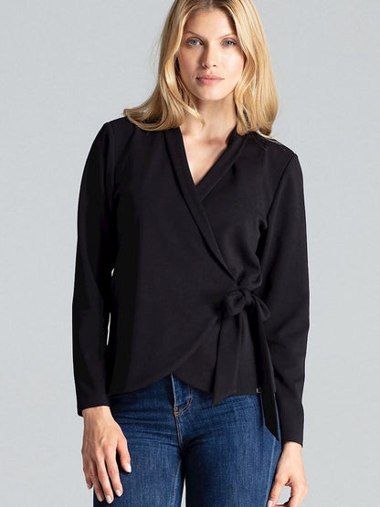 Black Long Sleeve Waist-Tied Blouse