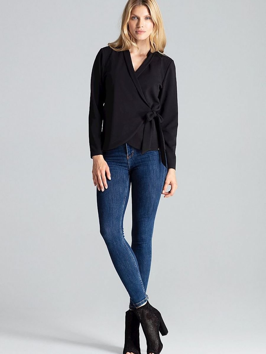 Black Long Sleeve Waist-Tied Blouse