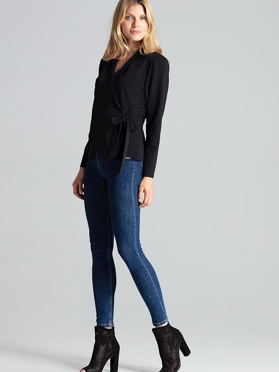 Black Long Sleeve Waist-Tied Blouse