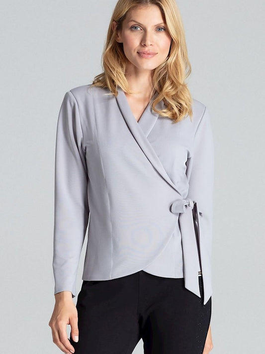 Grey Long Sleeve Waist-Tied Blouse with Shoulder Cushions