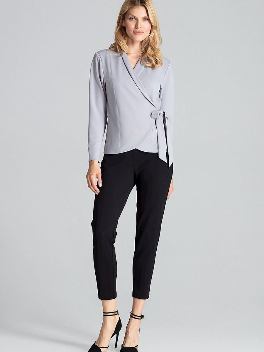 Grey Long Sleeve Waist-Tied Blouse with Shoulder Cushions