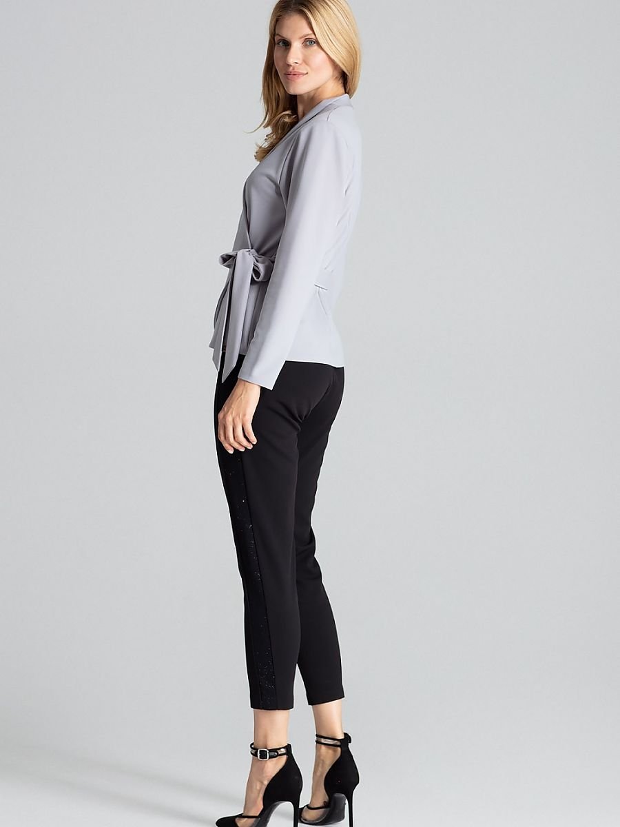 Grey Long Sleeve Waist-Tied Blouse with Shoulder Cushions