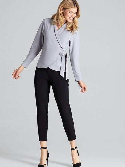 Grey Long Sleeve Waist-Tied Blouse with Shoulder Cushions