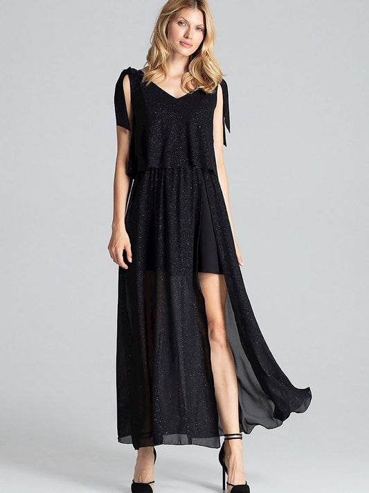 Cocktail Dress Figl: Black Sensual Sleeveless Dress With Airy Fabric and Elastic Waist