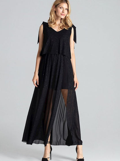 Cocktail Dress Figl: Black Sensual Sleeveless Dress With Airy Fabric and Elastic Waist