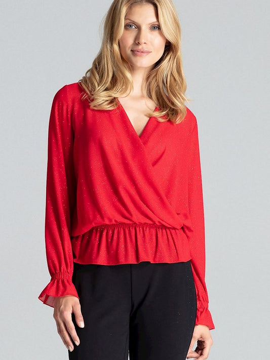 Red Brocade Envelope Neckline Blouse with Elastic Waist