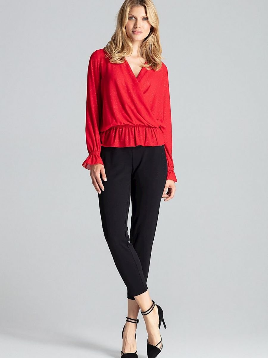 Red Brocade Envelope Neckline Blouse with Elastic Waist