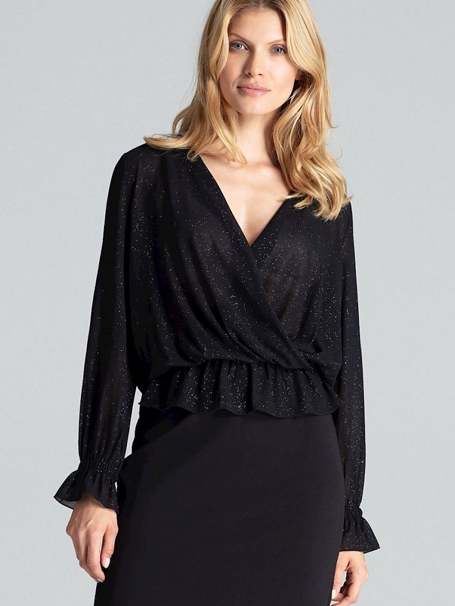 Figl Black Brocade Envelope Neckline Blouse