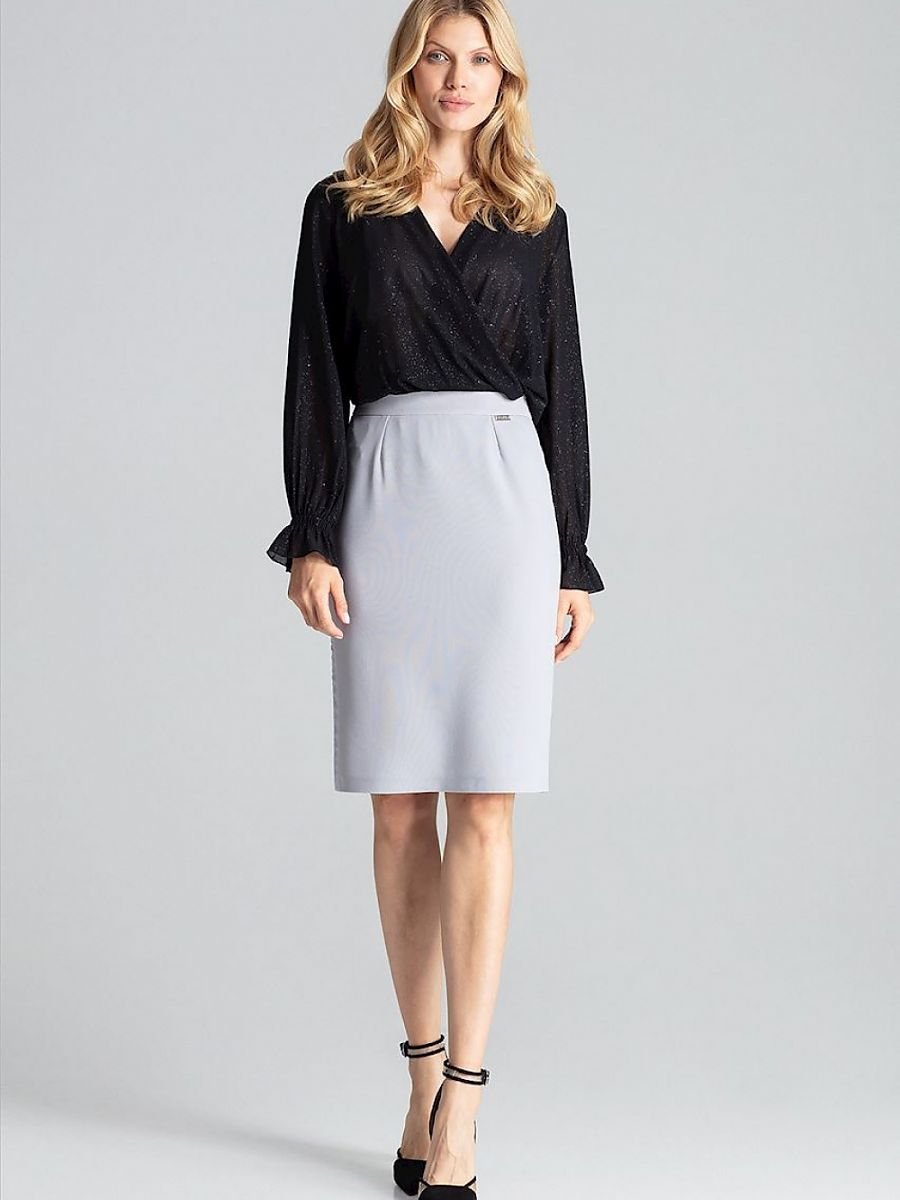 Elegant Grey Brocade Midi Pencil Skirt