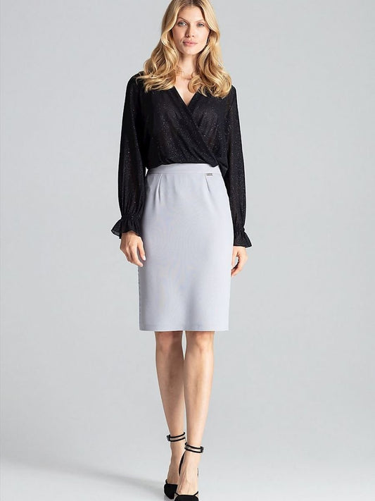 Elegant Grey Brocade Midi Pencil Skirt