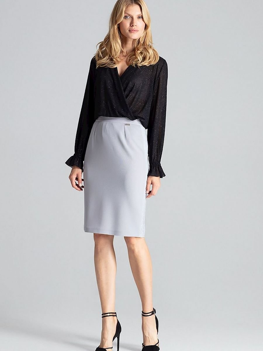 Elegant Grey Brocade Midi Pencil Skirt