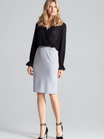 Elegant Grey Brocade Midi Pencil Skirt